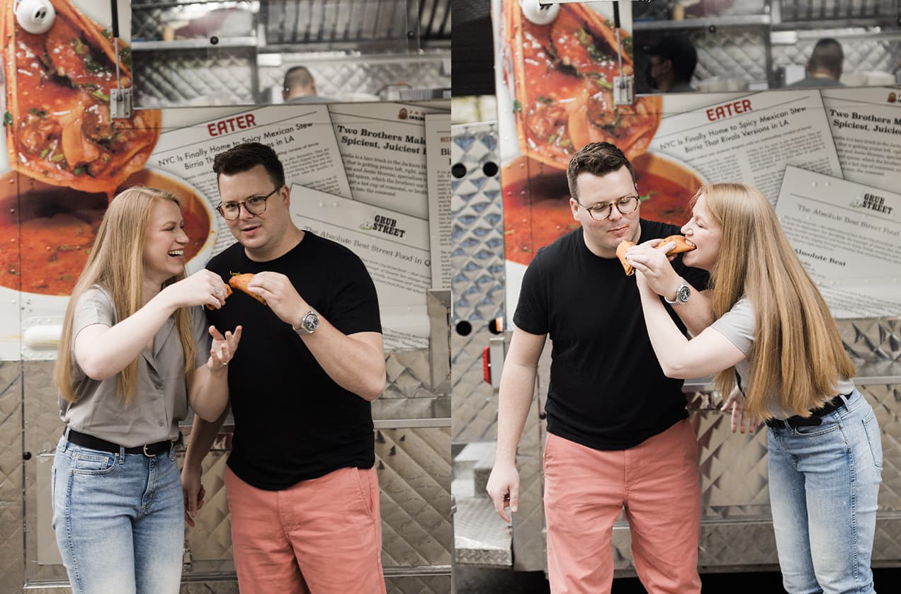 A diptych of Ben and Michelle eating tacos at Birria Landia. It depicts the before and after of a messy bite